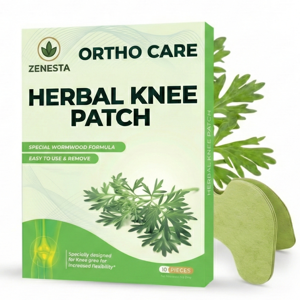 Ortho Care Herbal Knee Patch packaging with green leaf design on a white background